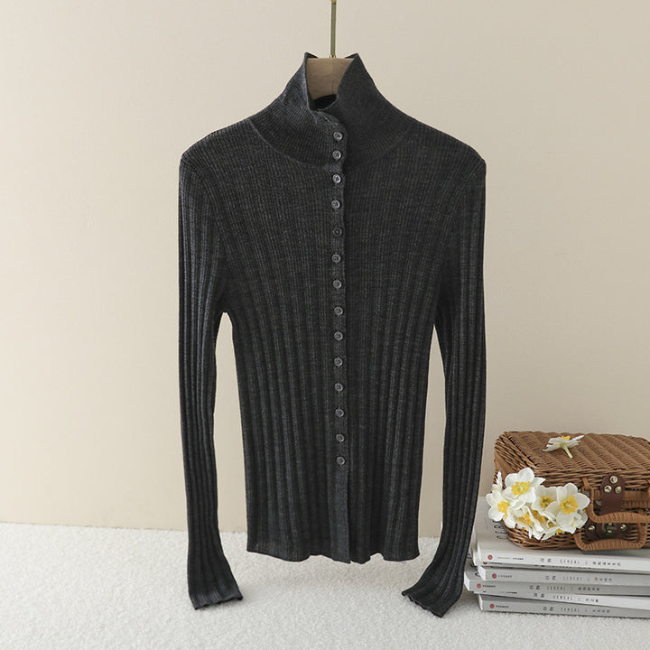Women's Slim Ribbed Long Sleeve Cardigan with Concealed Button Placket and Stand-Up Collar Mune Fashion