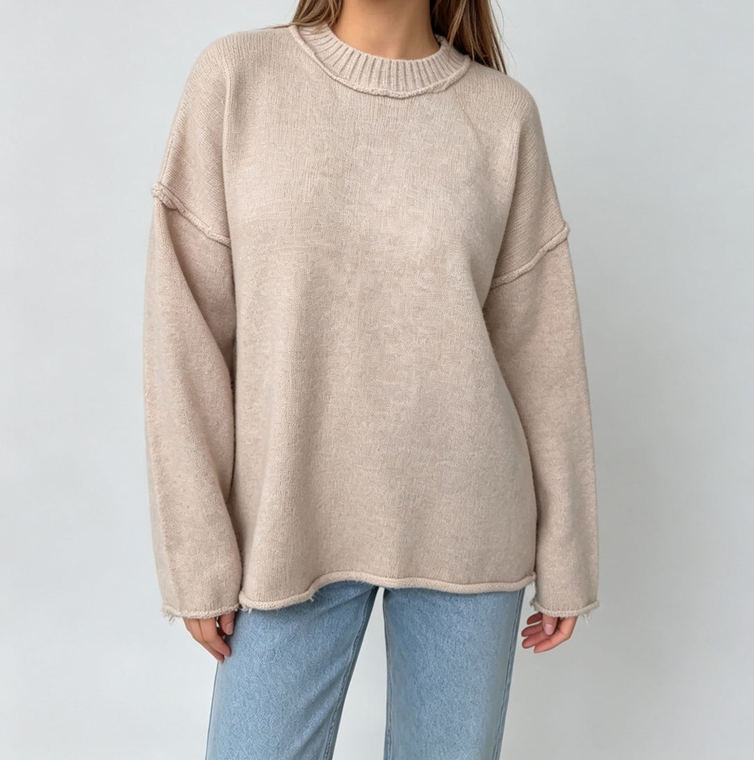 Women Oversize Boxy Sweater with short stand-up collar and decorative edge seam Mune Fashion