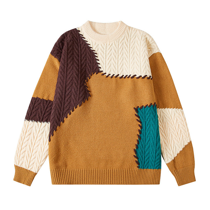 Men's structured patchwork knit sweater with cable pattern and round neck Mune Fashion