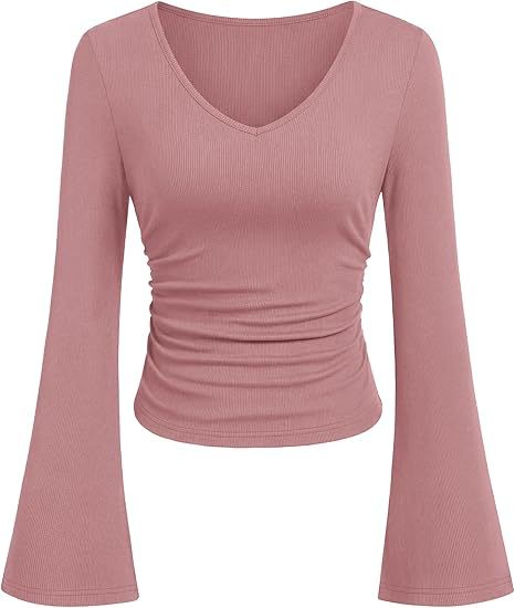 Women's Ribbed Crop Top with V-Neck, Tailored Gathering and Flared Trumpet Sleeves Mune Fashion