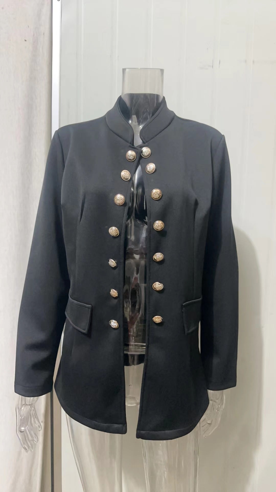 Ladies nan tailored long blazer with standing collar, decorative metal button strip and 3/4 sleeves Mune Fashion