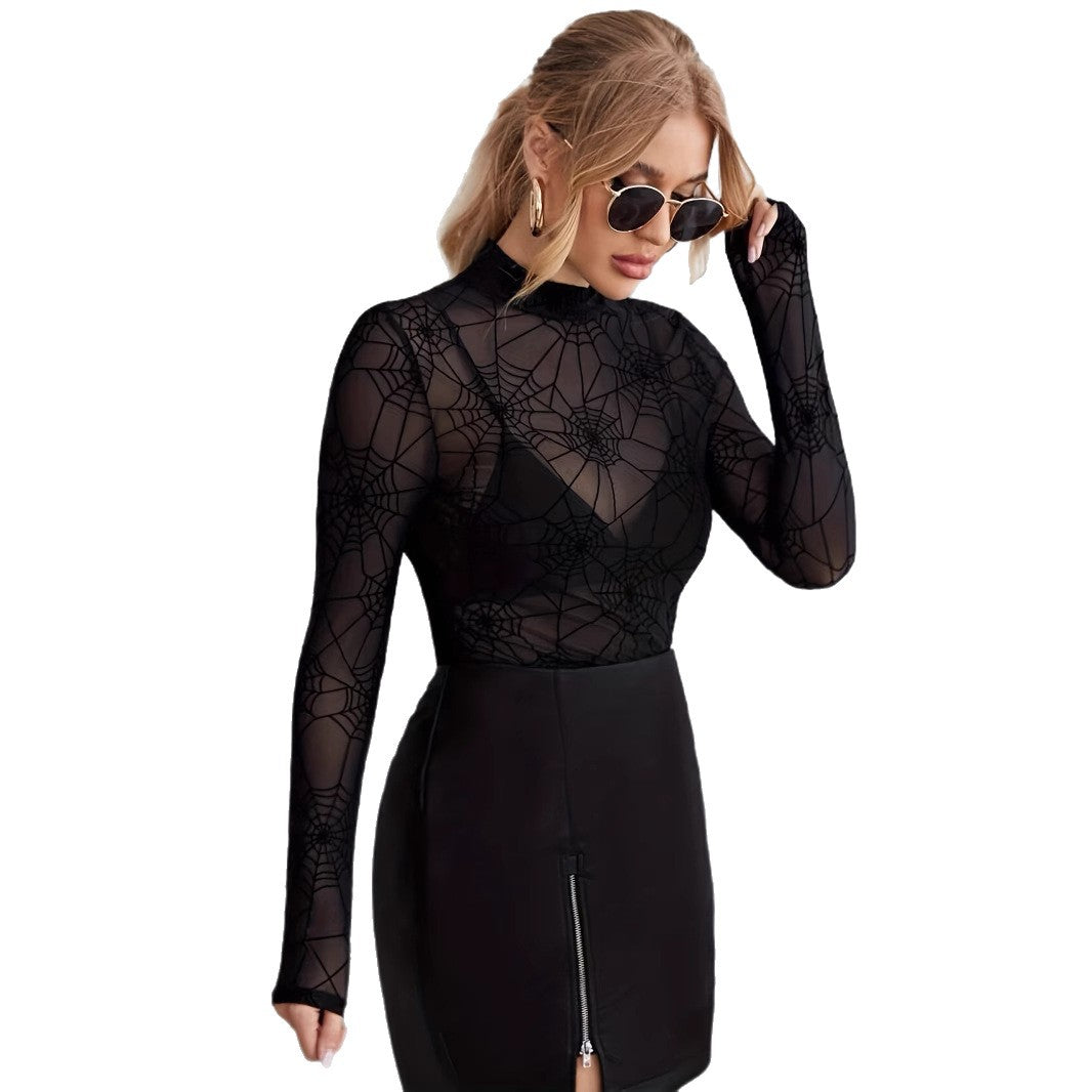 Women's transparent mesh top with spider web pattern and stand-up collar Mune Fashion