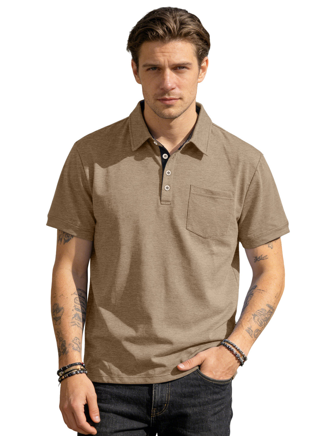 Men's short sleeve polo collar shirt made of textured jersey with chest pocket and contrasting button placket Mune Fashion