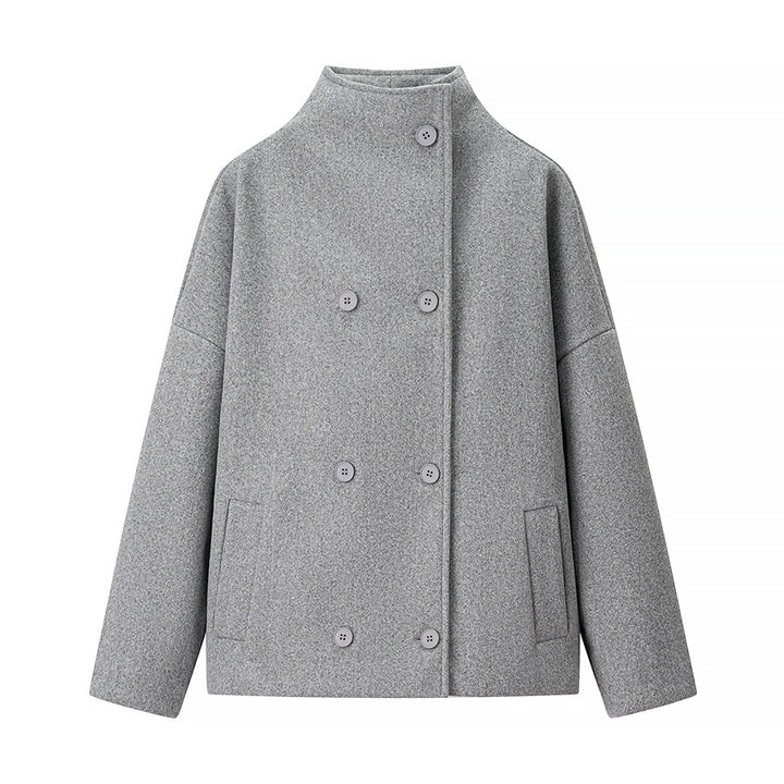 Ladies short double-breasted oversized boxy jacket with stand-up collar and side pockets Mune Fashion