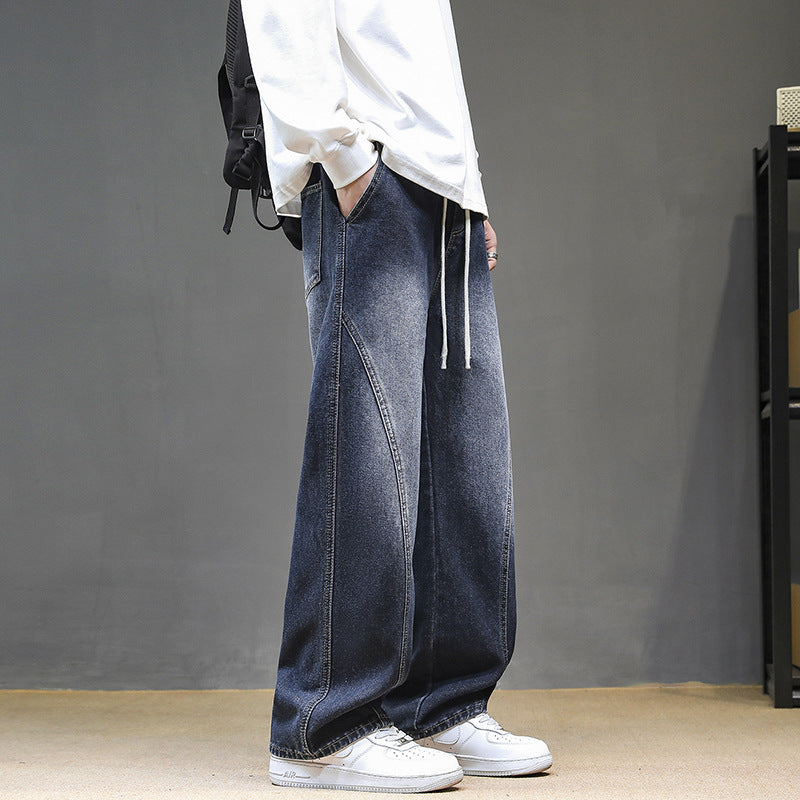 Men's Wide Denim Baggy Jeans with Drawstring Waist, Deep Crotch and Prominent Decorative Stitching Mune Fashion
