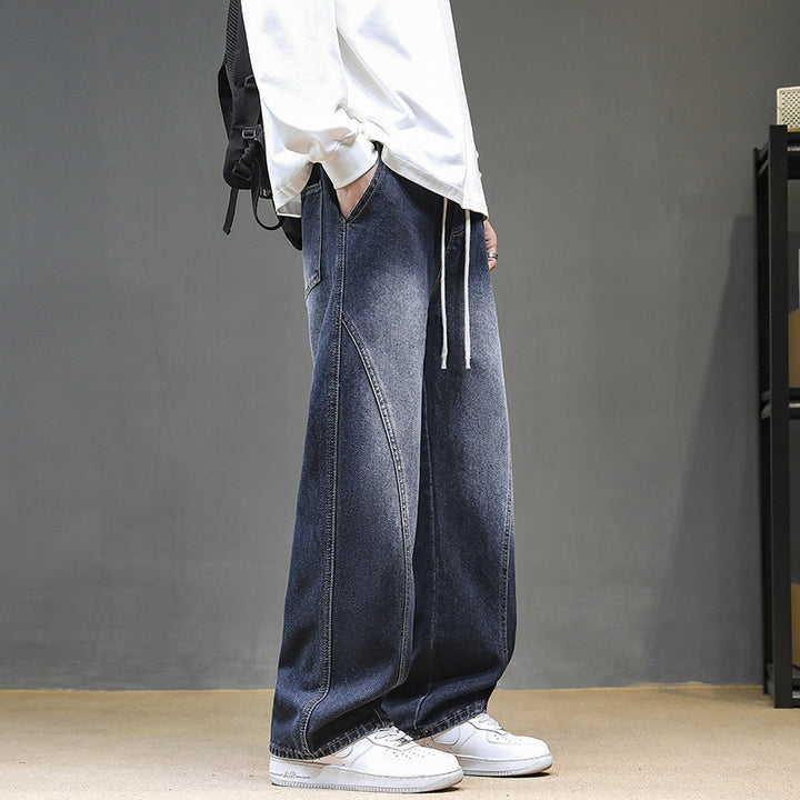 Men's Wide Denim Baggy Jeans with Drawstring Waist, Deep Crotch and Prominent Decorative Stitching Mune Fashion