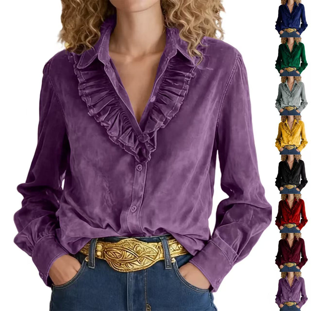 Women's blouse with ruffle collar, V-neck and velour look Mune Fashion
