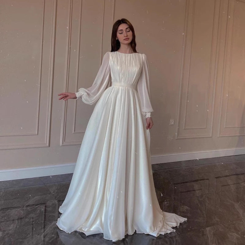 Mune Fashion | Transparent White Wedding Dress Round Neck Long Sleeve Dress