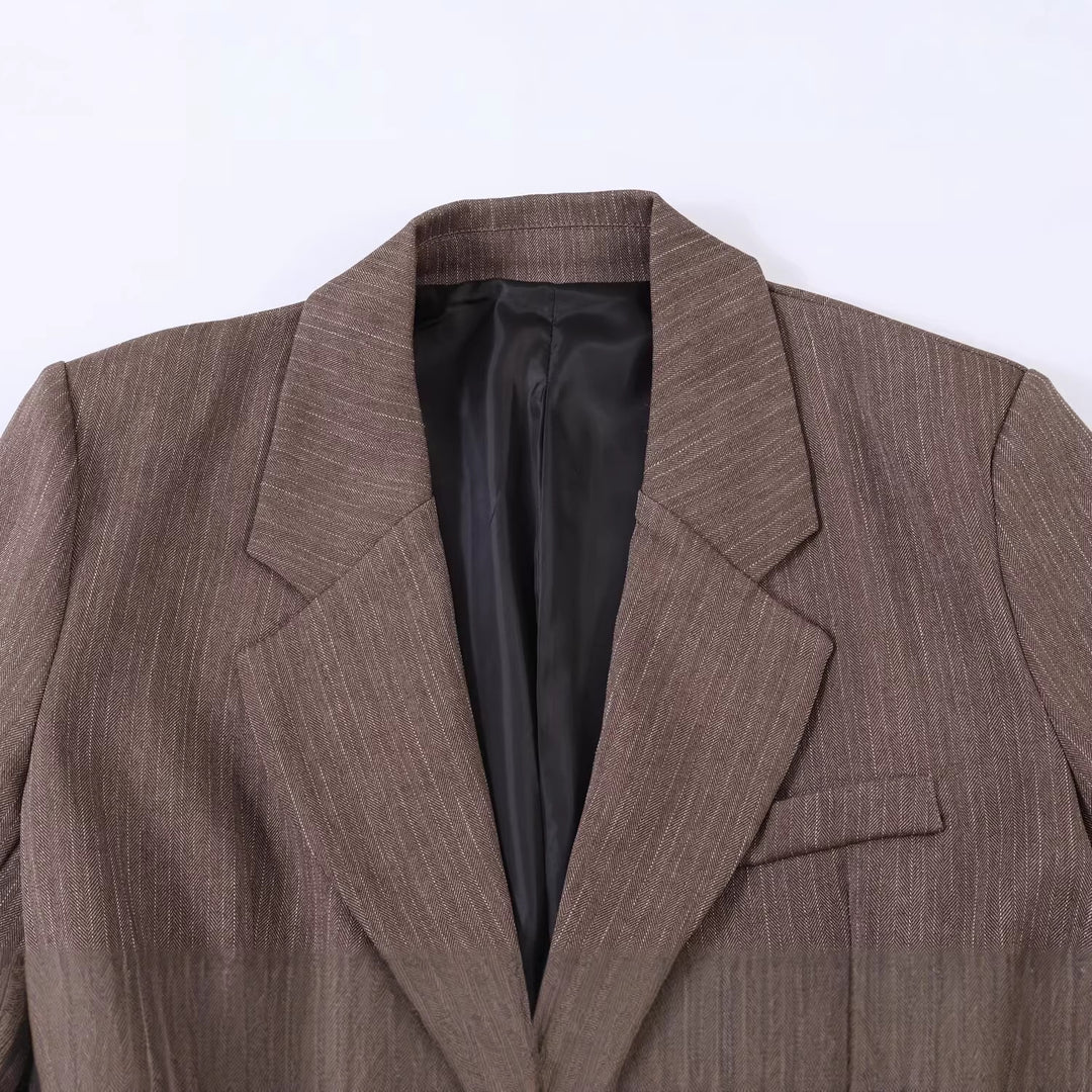 Women Tailored Single-breasted Blazer with Belt and Tonal Pinstripe Mune Fashion