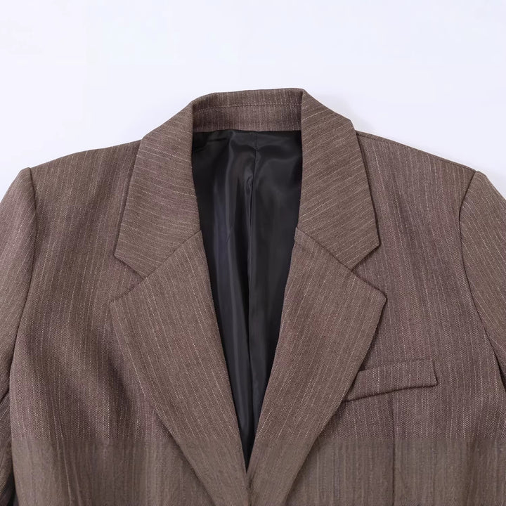 Women Tailored Single-breasted Blazer with Belt and Tonal Pinstripe Mune Fashion