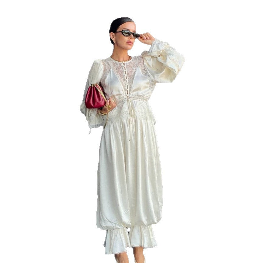 Women's One-Piece Satin Jumpsuit with Lace Yoke, Puff Sleeves and Voluminous Harem Pants Mune Fashion