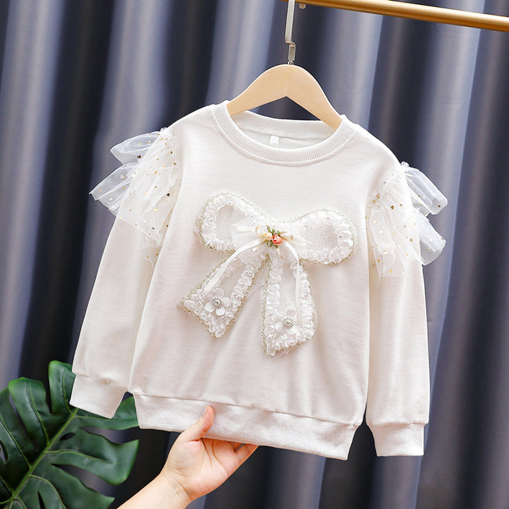 Girls fashion sweatshirt with transparent puff sleeves and bow detail Mune Fashion