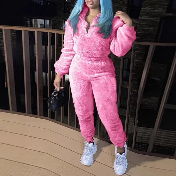 Ladies cozy teddy fleece two-piece with half zip and high-waist joggers Mune Fashion