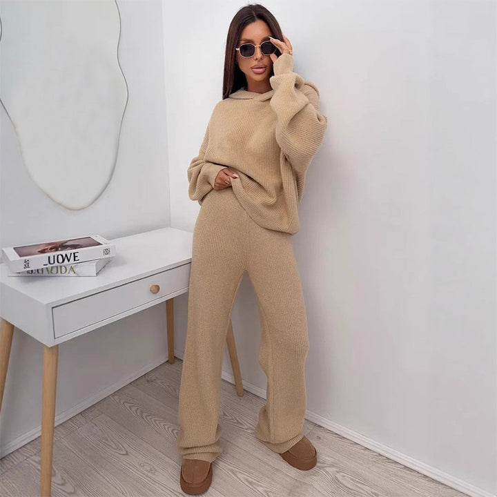 Women's elegant cashmere-like knit set with asymmetric waterfall collar and flowing palazzo knit trousers Mune Fashion