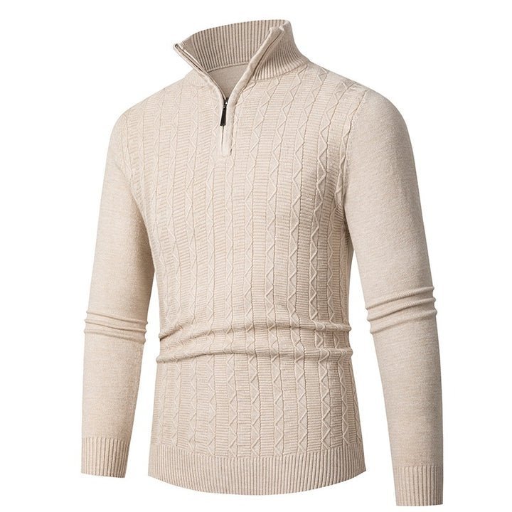 Men's Slim Fit Half-Zip Structured Pullover made of Merino Blend with Cable Knit Pattern and Stand-Up Collar Mune Fashion