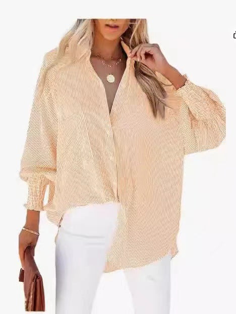 Women's loose fit striped blouse with shirt collar and gathered cuffs Mune Fashion