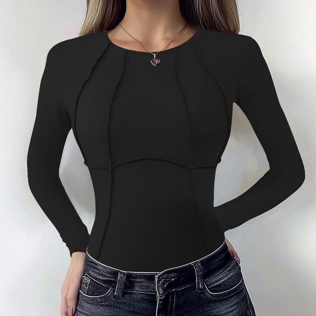 Women's fitted ribbed top in corset look with decorative stitching and round neckline Mune Fashion