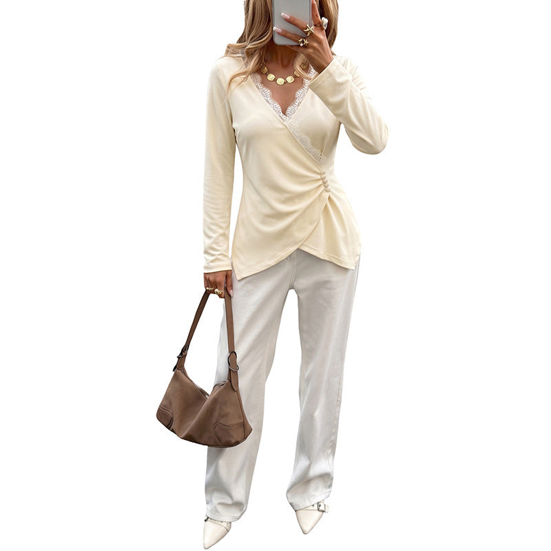 Women Elegant Wrap Top with Lace Accents Mune Fashion