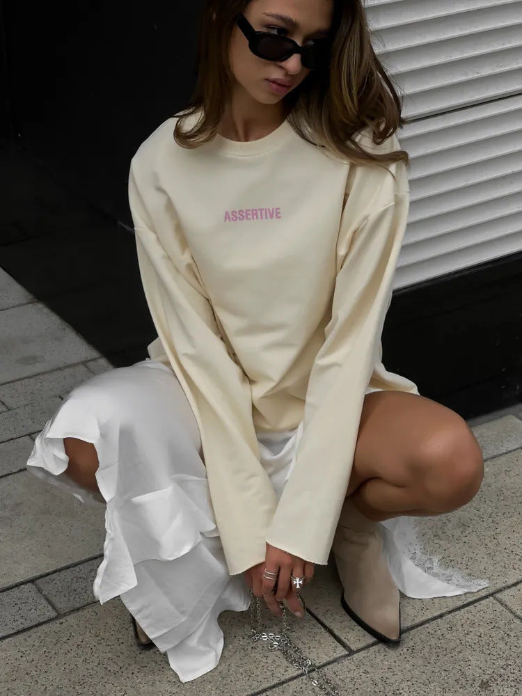 Women Oversized Long Sleeve Sweatshirt with Statement Print and Round Neckline Mune Fashion