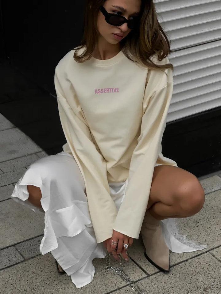 Women Oversized Long Sleeve Sweatshirt with Statement Print and Round Neckline Mune Fashion