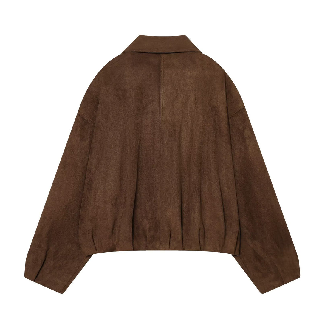 Women Short Suede Biker Jacket with Shoulder Flaps, Zipper Pockets and Boxy Silhouette Mune Fashion