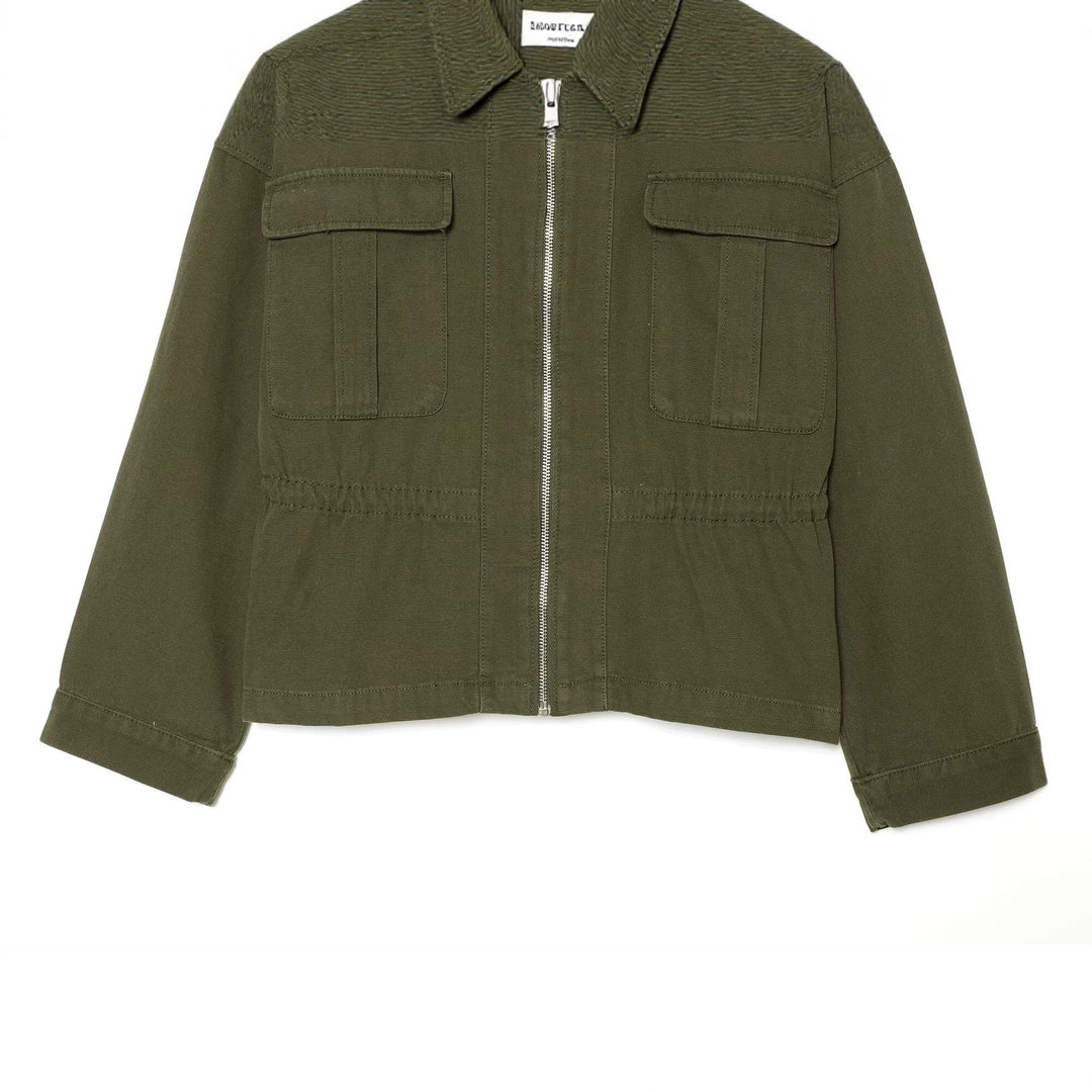 Women Short-Cut Utility Blouson Jacket with Stand-Up Collar Flap Pockets and Continuous Zipper Drune