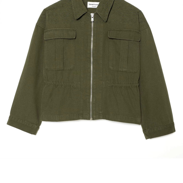 Women Short-Cut Utility Blouson Jacket with Stand-Up Collar Flap Pockets and Continuous Zipper Drune