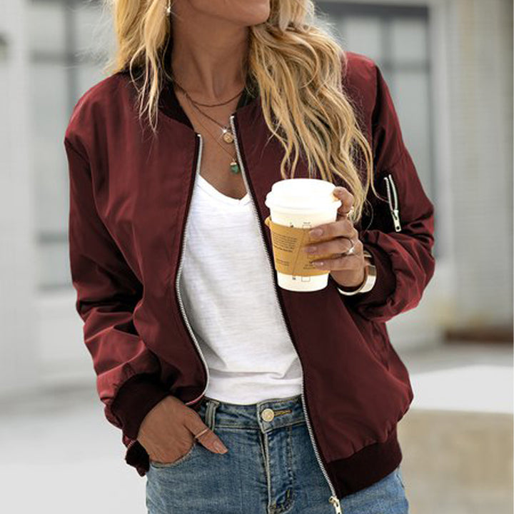 Ladies Lightweight Bomber Jacket with Zipper Ribbed Cuffs and Arm Pocket Mune Fashion
