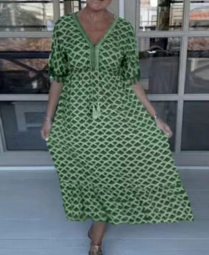 Women's casual V-neck beach dress with tassel tie and ruffle skirt Mune Fashion