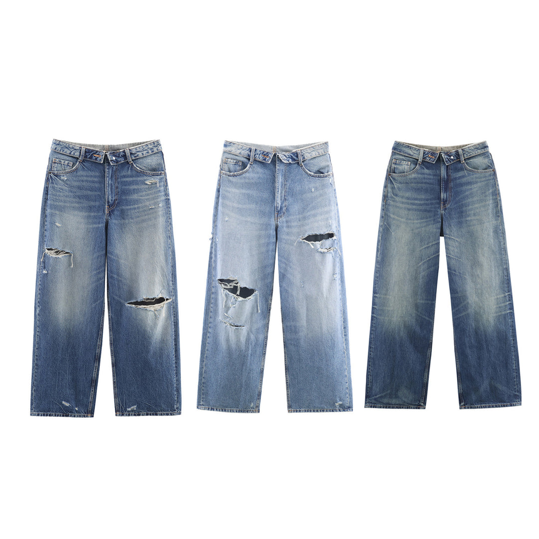 Women's wide jeans with a high waistband worn look straight leg and fringe rips Mune Fashion
