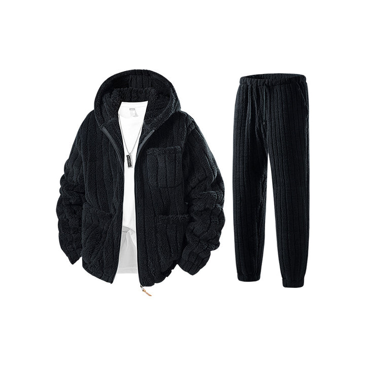 Men's Sherpa-Fleece Set with Hooded Jacket, Zipper, and Elastic Jogging Pants Mune Fashion
