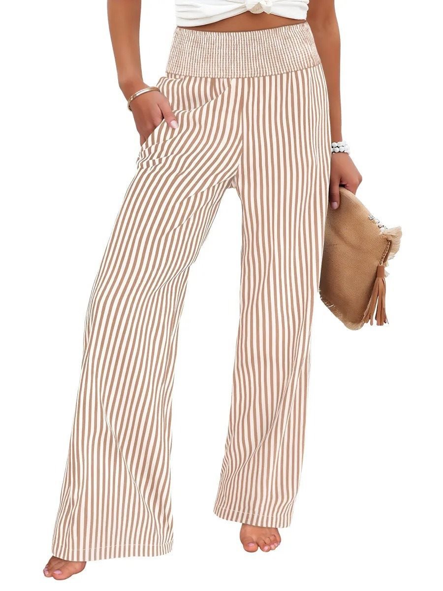 Women's Striped Palazzo Pants with High Ruffled Waist and Wide Leg Mune Fashion