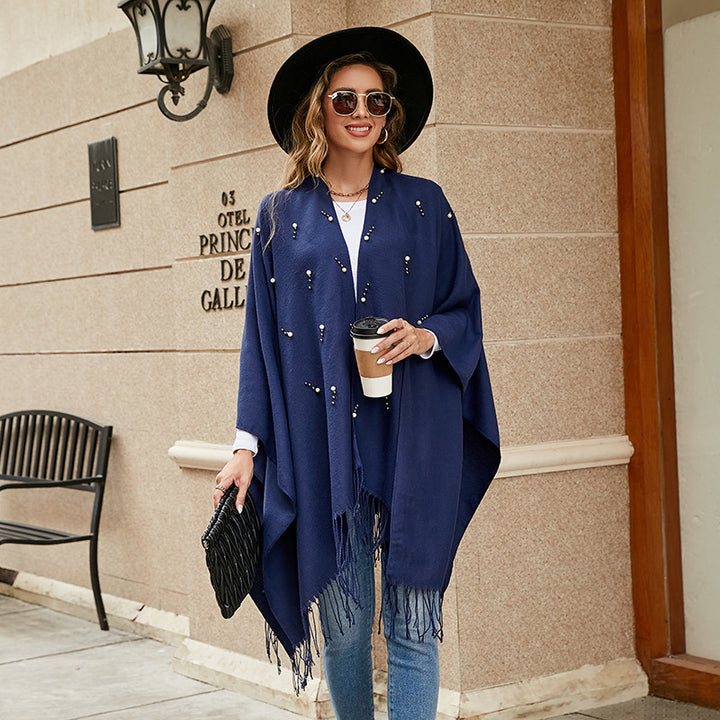 Women Elegant Embroidered Wool Blend Poncho Cape with Bead Trim Mune Fashion