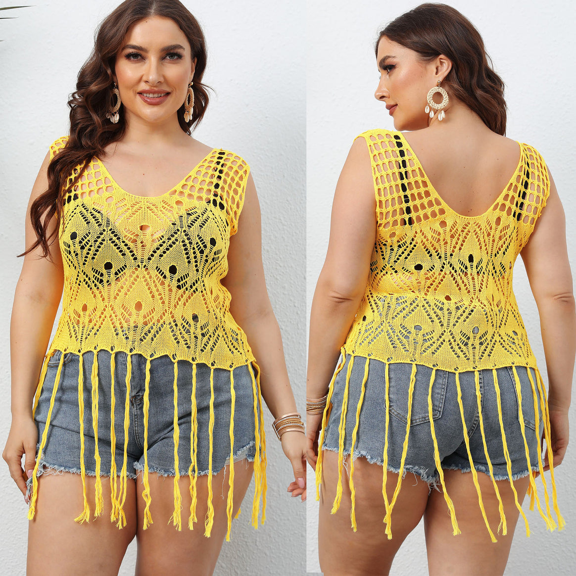 Ladies crocheted, airy beach top with fringed accents Mune Fashion