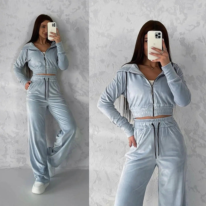 Women's Velvet Loungewear Set with Cropped Zip Hoodie and Wide Palazzo Pants Mune Fashion
