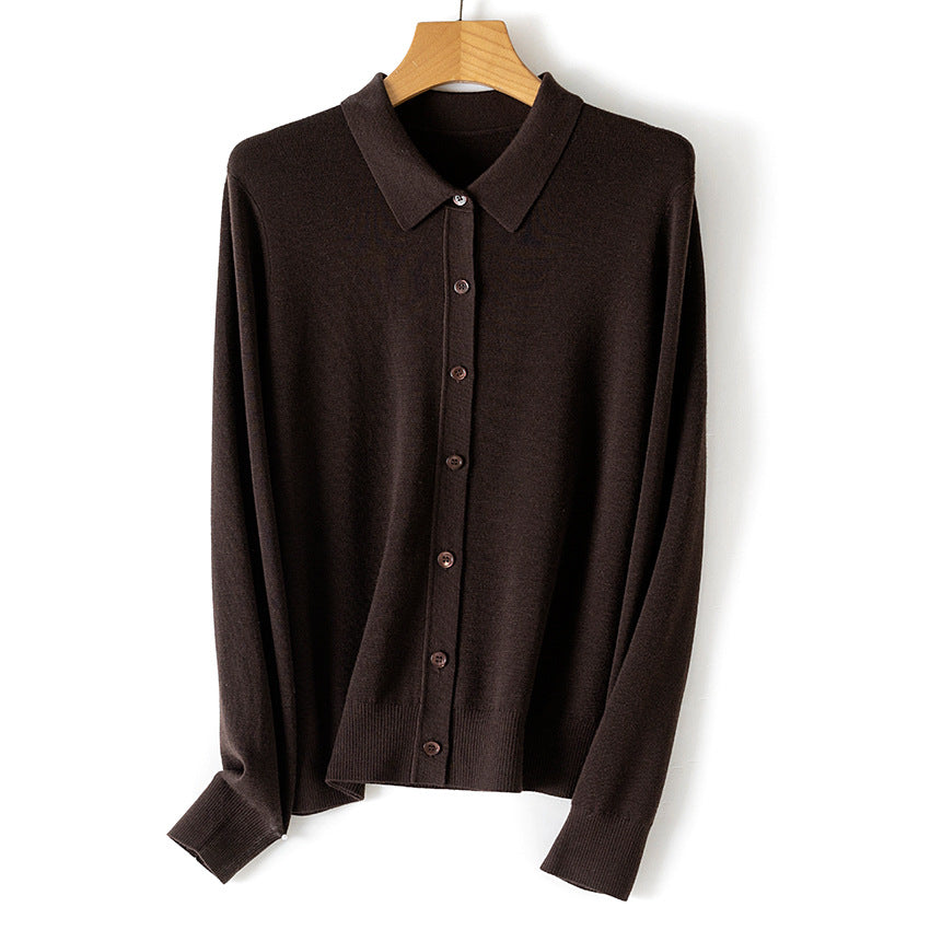Women's Fine Button Cardigan with Shirt Collar and Fine Knit Mune Fashion