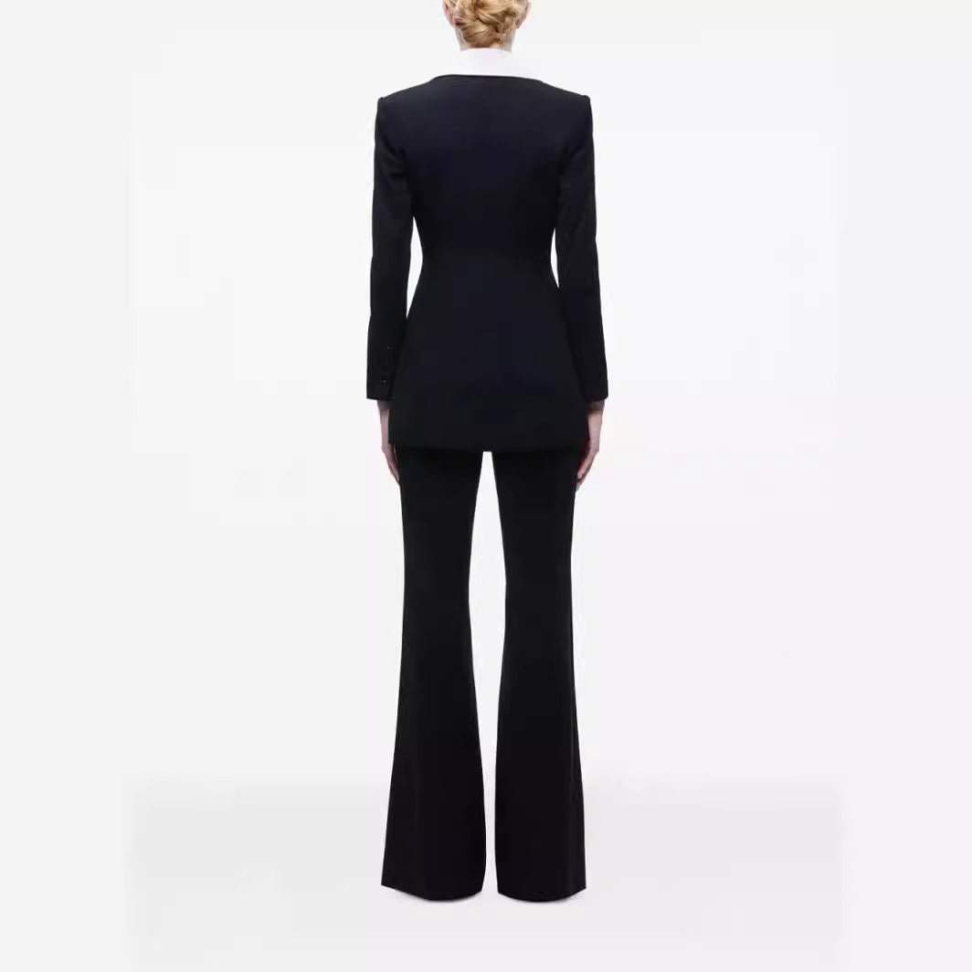 Ladies Elegant Two-Piece Tuxedo Set with Contrasting Shawl Collar and Flared Trouser Mune Fashion