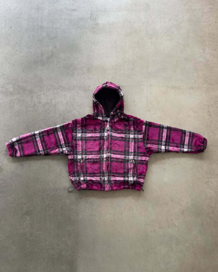 Unisex non-padded plaid fleece bomber jacket with hood drawstring and zippered pockets Mune Fashion