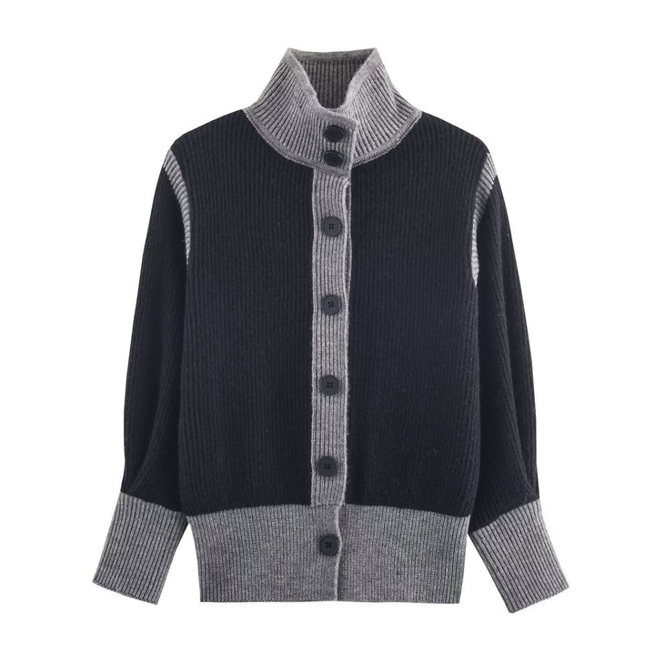 Women's Oversized Ribbed Cardigan with High Collar, Contrast Trim and Button Placket