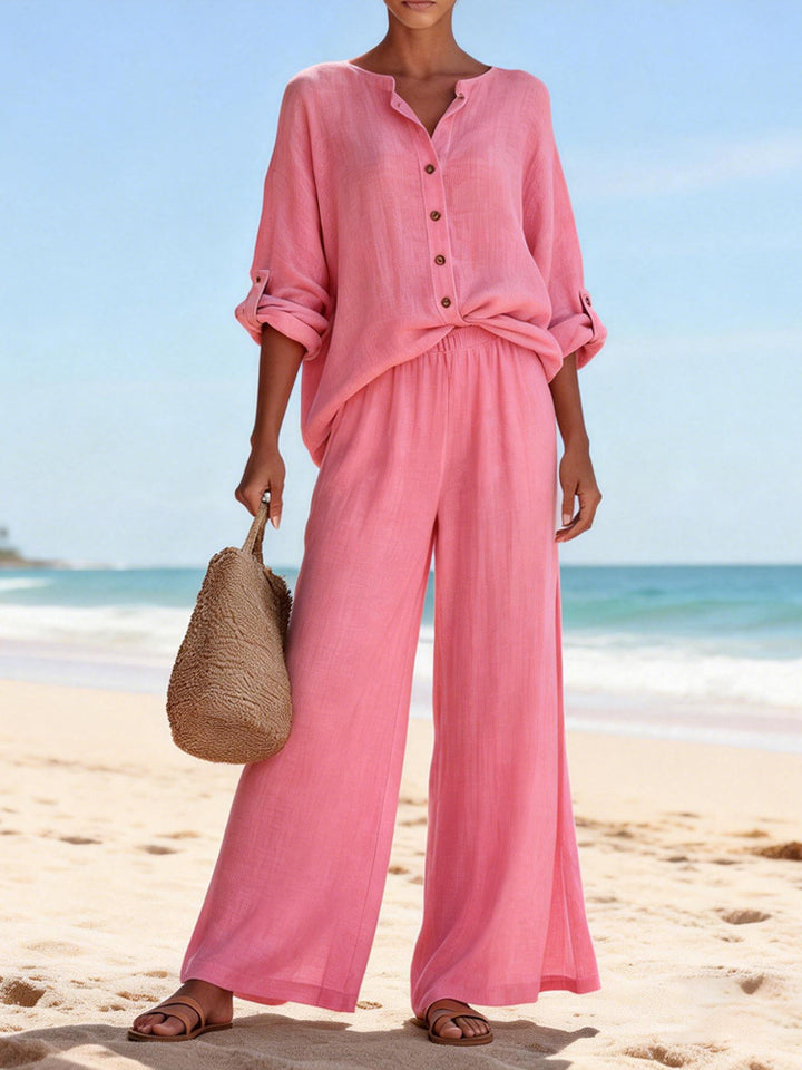 Women's Airy Linen Blouse and Wide Pants Mune Fashion