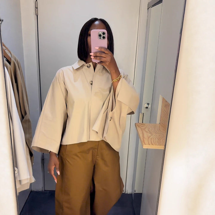 Women's Boxy Cropped Shirt Blouse with Wide Batwing Sleeve and Fine Tuck Mune Fashion