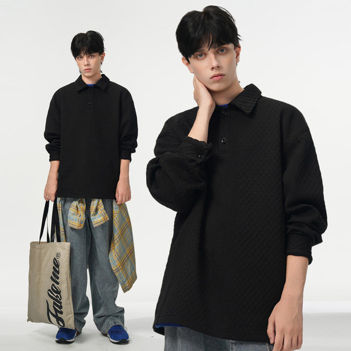 Men's Oversized Polo Shirt Sweatshirt with Diamond Pattern, Extended Cut and Polo Collar Mune Fashion