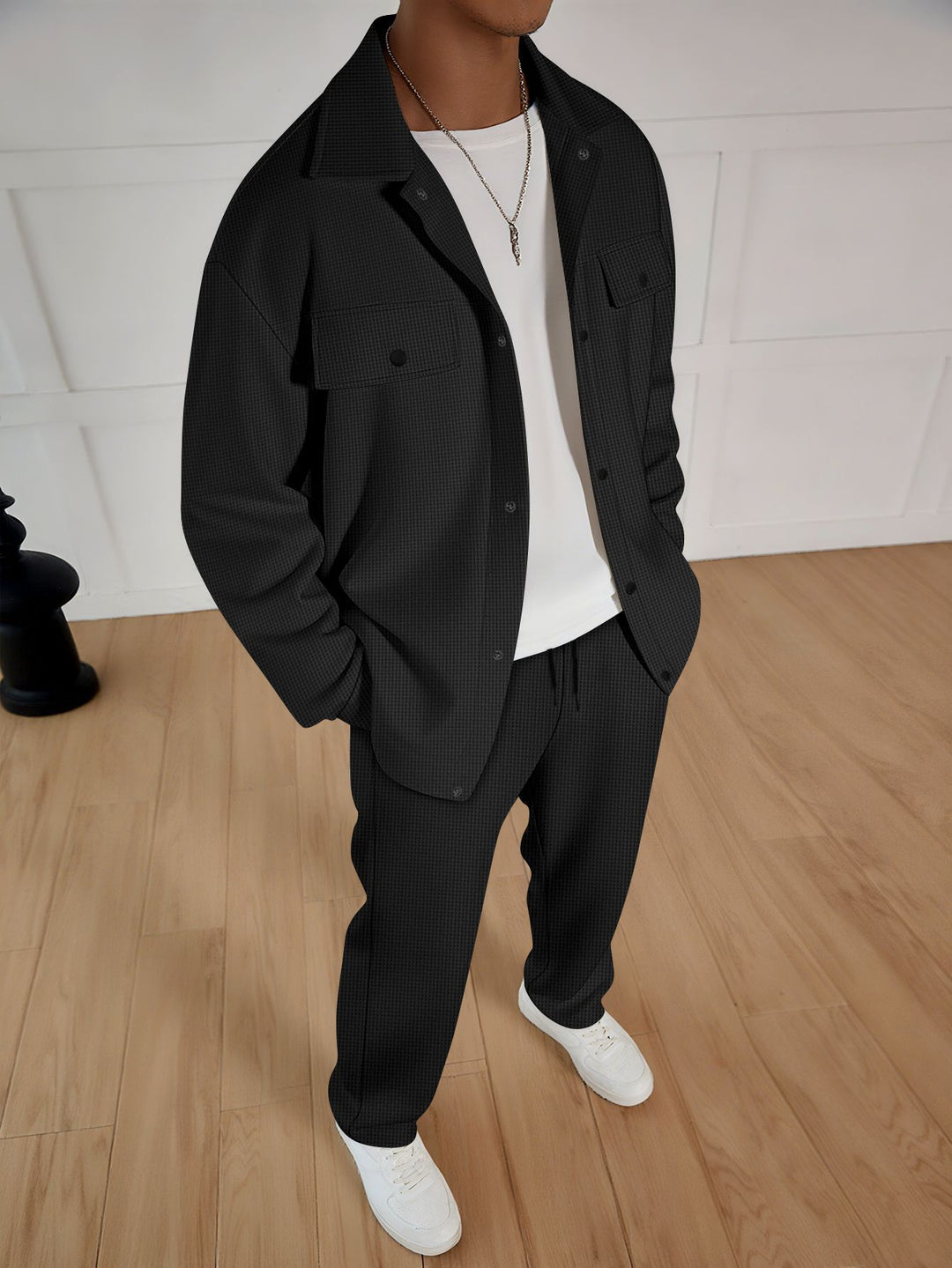 Men's two-piece overshirt lounge set with patch flap pockets, drawstring pants, and fine waffle texture Mune Fashion