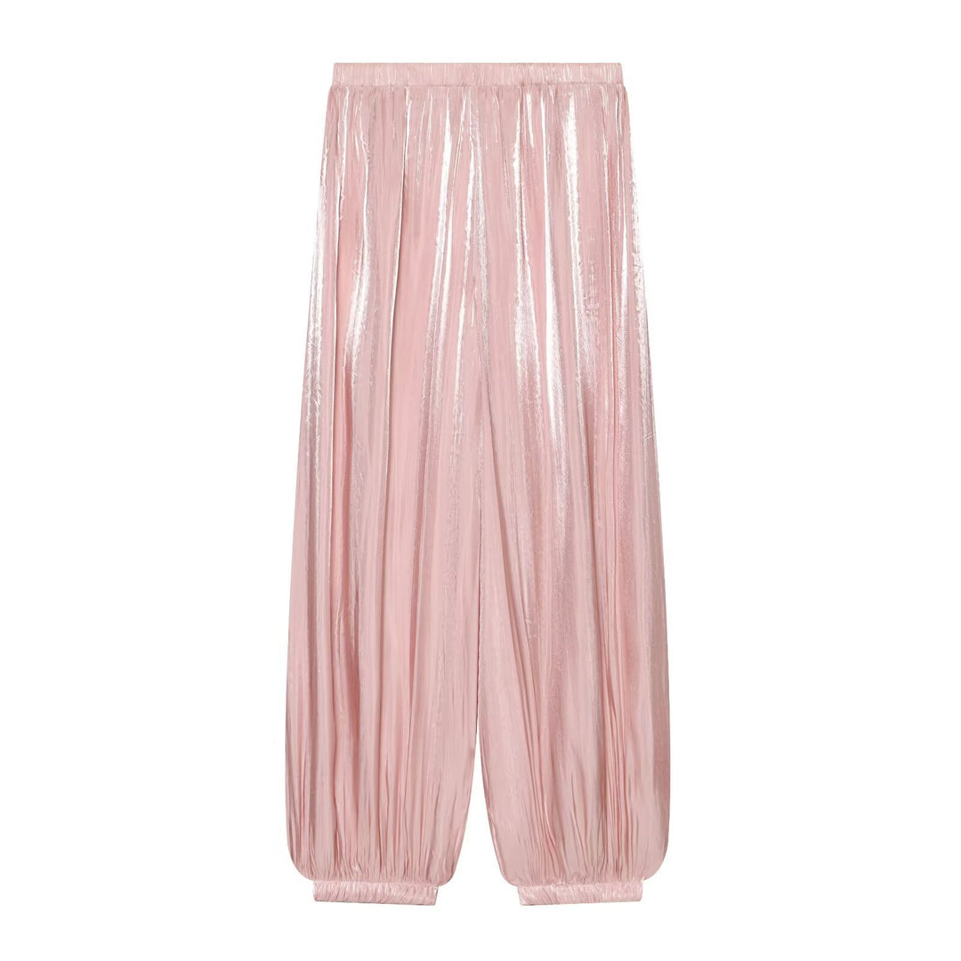 Women's Pleated Shiny High-Waist Palazzo Jogger Mune Fashion