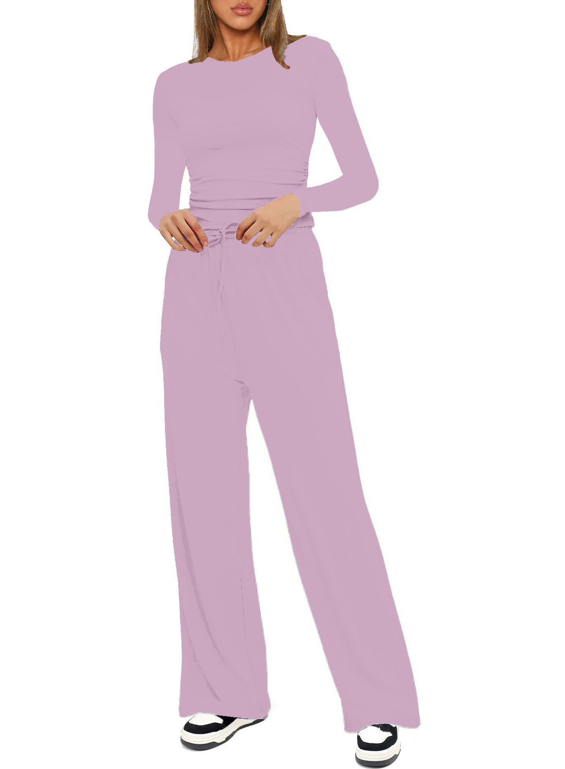 Women's Figure-Hugging Long Sleeve with Side Gathering and High-Waist Palazzo Jogging Pants Set Mune Fashion