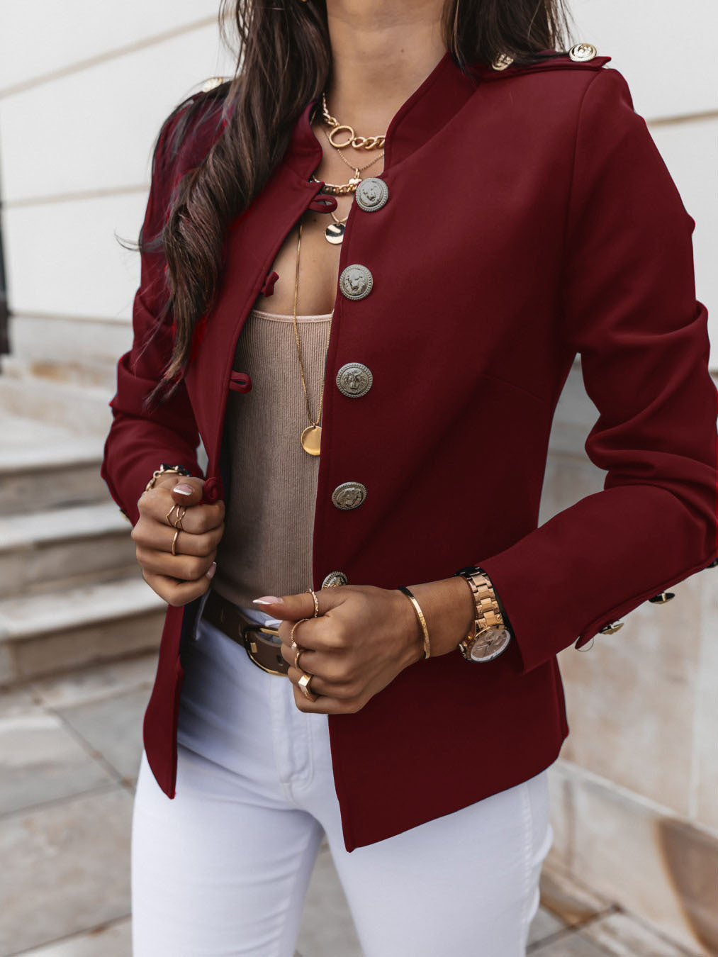 Women's military blazer with stand-up collar and decorative gold buttons Mune Fashion