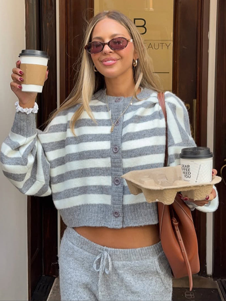 Ladies cropped knit set with striped button jacket, balloon sleeves, and high-waist jogger Mune Fashion