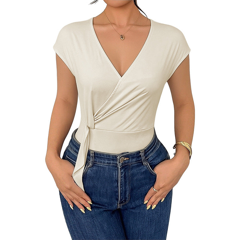 Women's Wrap Bodysuit with Short Sleeve, Tailored Band and V-Neck Mune Fashion
