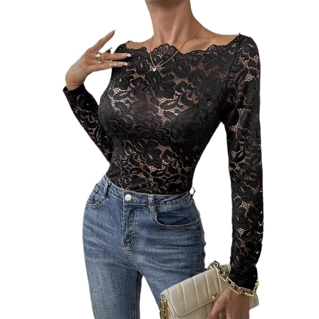 Women's figure-hugging lace top with off-the-shoulder neckline and long sleeves Mune Fashion