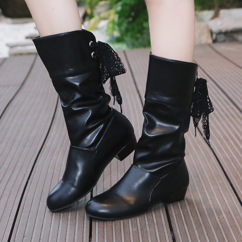 Women's Refined Boots with Mid-Height Shaft, Soft Gather and Decorative Bow Binding Mune Fashion